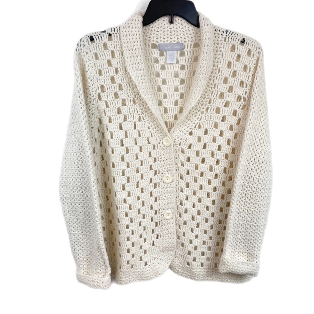 Modern Soul Women’s Acrylic Wool Angora Blend Crochet Cardigan Sweater XL Cream